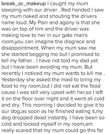 How I Caught My Mother Stark N*ked Having S*x With Our Own Driver - Lady Tells Shocking Story