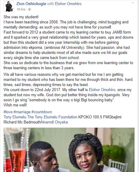 Once My Student But Now My Wife - Nigerian Teacher Set to Marry His Ex-Student Shares Touching Story (Photo)