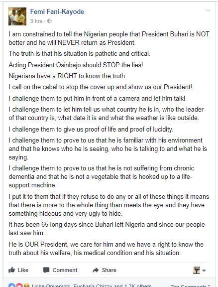 Buhari is Not Better and He Will Never Return as President - FFK Reveals