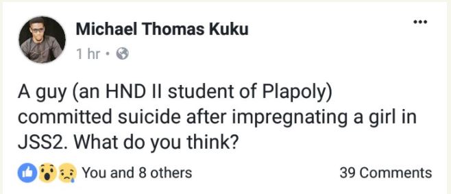 Photo: Plateau State Polytechnic Student Allegedly Commits Suicide After Impregnating a JSS2 Girl