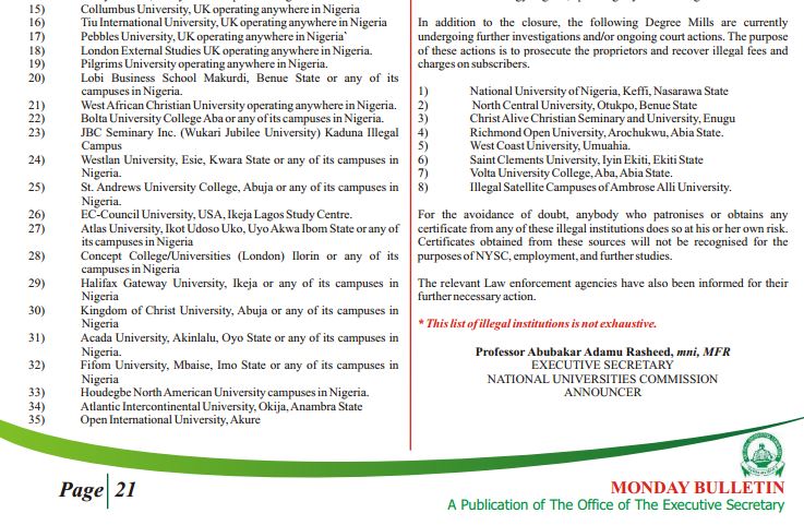 Beware! See List of Illegal Universities in Nigeria as Released by NUC 2017