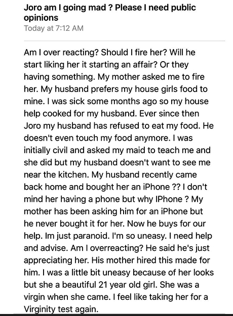 Is My Hubby Bonking Our Housemaid? He Bought iPhone for Her, Stopped Eating My Food - Woman Cries Out