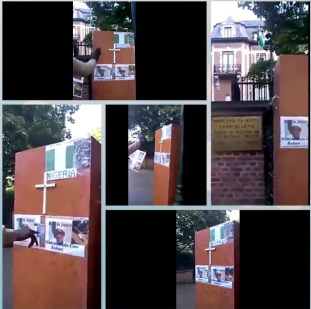 IPOB Man Places a Coffin for Buhari at Nigerian Embassy in Belgium (Video)