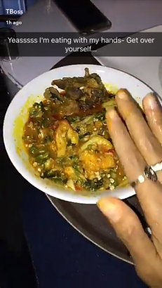 TBoss Replies Fan Who Thinks She Should Not Eat Eba With Her Bare Hands (Photo)