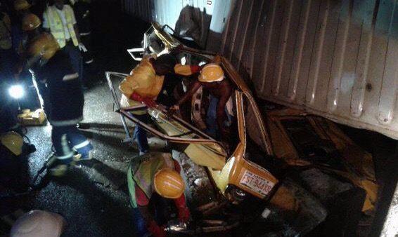 Container Falls On Two Fully Loaded Commercial Buses In Ojota This Morning