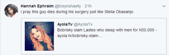 I Pray Bobrisky Dies During Surgery Just Like Stella Obasanjo' - Nigerian Lady Tweets Fire