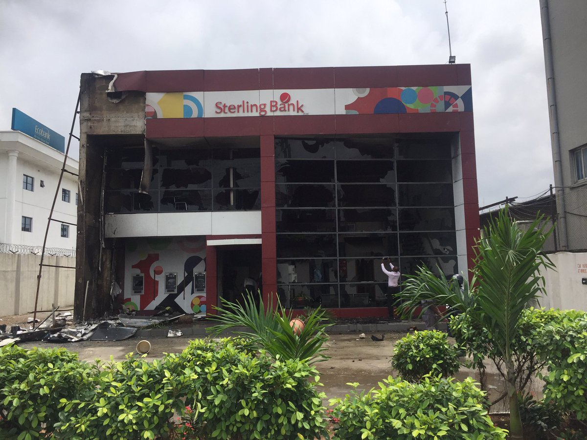 Photos: Angry Truckers Burn Down Sterling Bank In Apapa After MOPOL Allegedly Shot One Dead