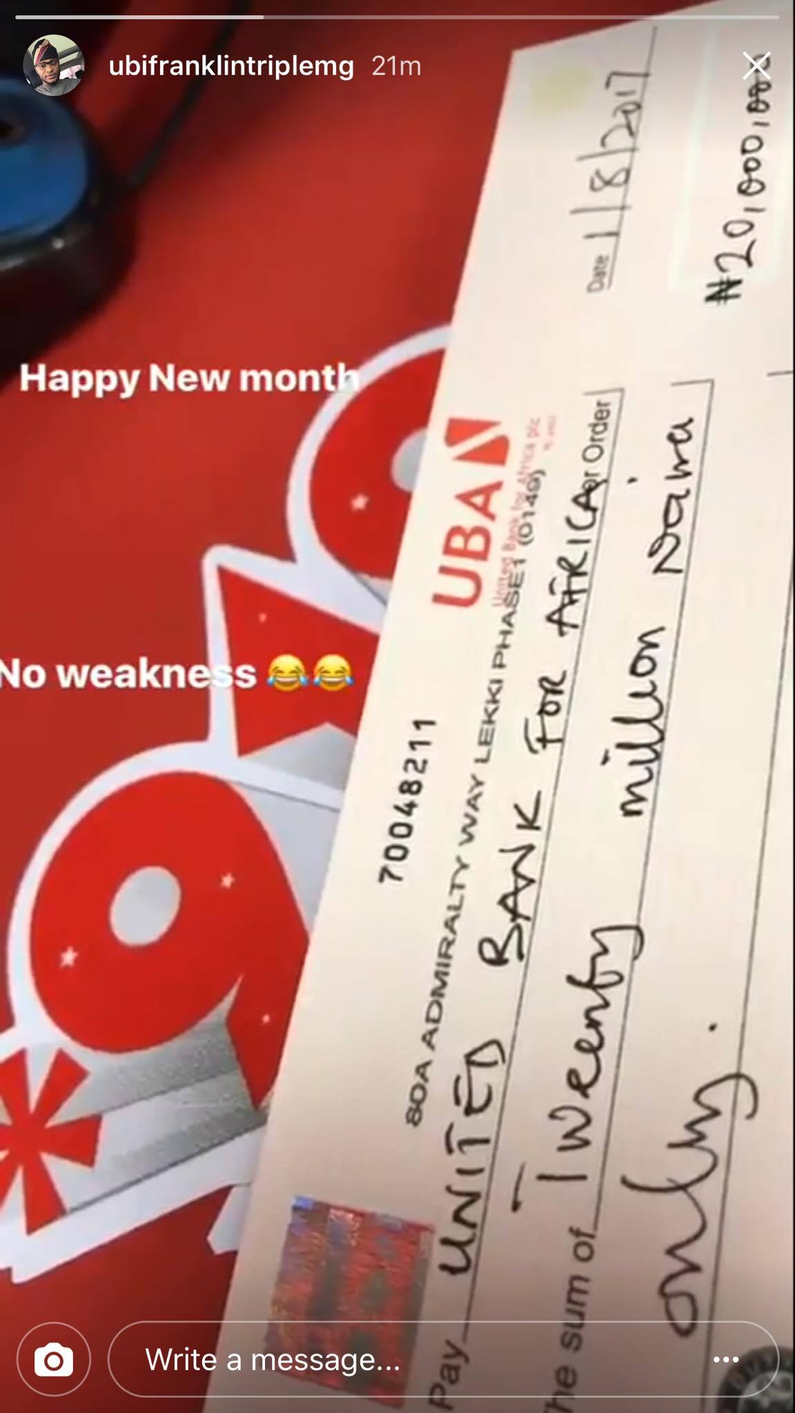 Ubi Franklin shares N20m cheque he received today
