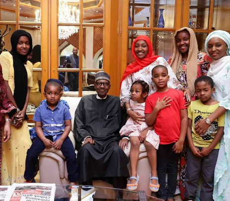 President Buhari arrives Aso Rock, meets with his children and grand children