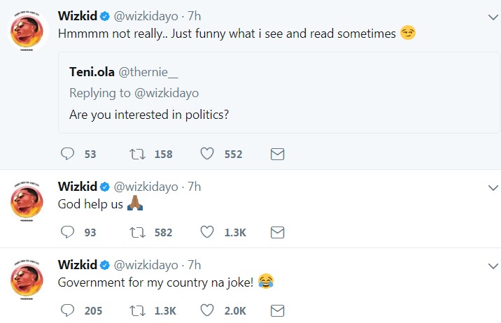 'Government for my country na joke' - Wizkid tweets