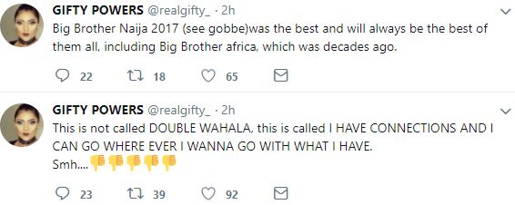 'This is not called 'double wahala', this is called 'I have connection'' - Gifty reacts to this year's Big Brother Naija.