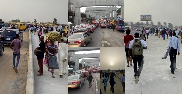 Lagosians resort to trekking as major roads are blocked due to President Buhari's scheduled visit