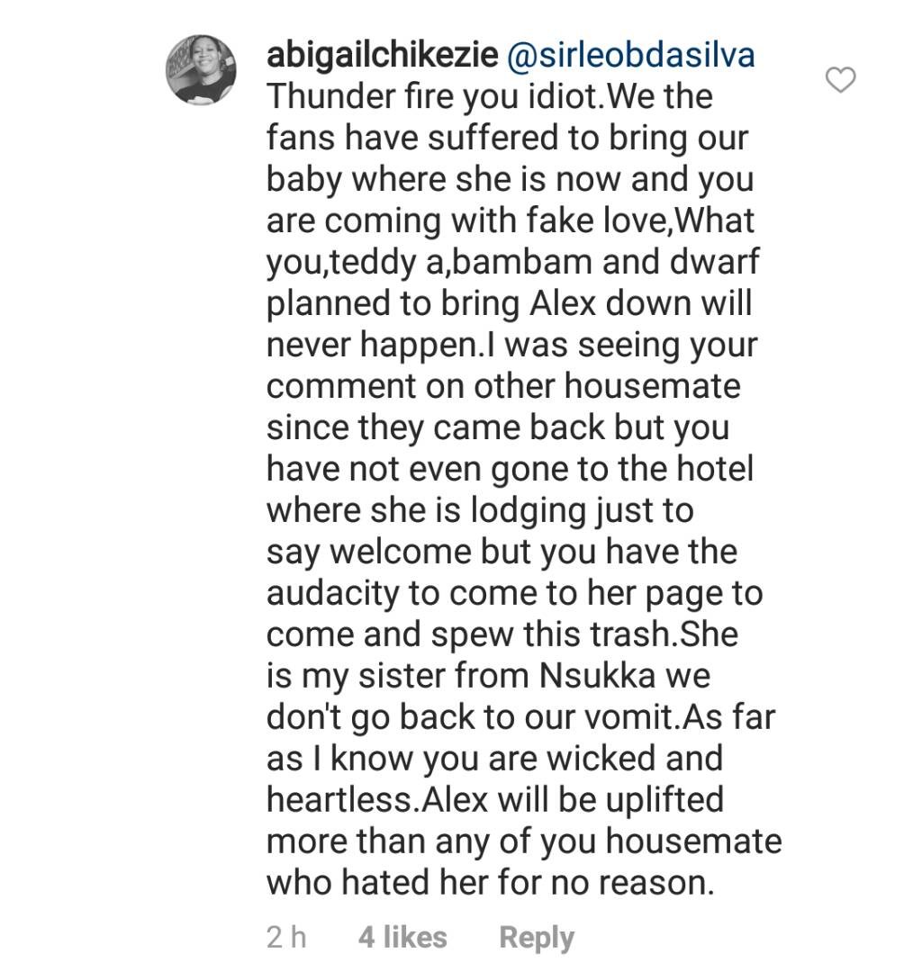 #BBNaija: Alex's fans drag her former love interest, Leo, for congratulating her N1m win and calling her 'darling'.