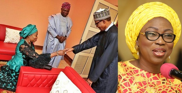 Lagos State first lady, Bolanle Ambode kneels down to greet President Buhari. (Photo)