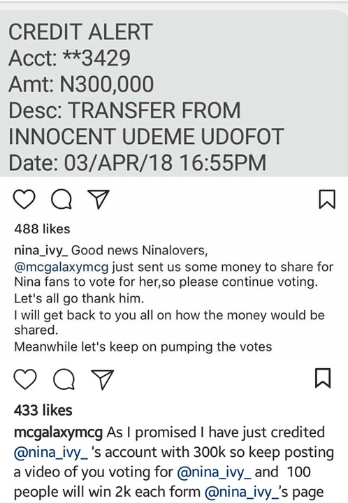 #BBNaija: MC Galaxy donates N300,000 to Nina's fans to keep voting for her. (Photos)