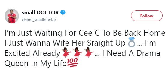 #BBNaija: Singer, Small Doctor says he's in love with Cee-C; Shares his intentions of marrying her!