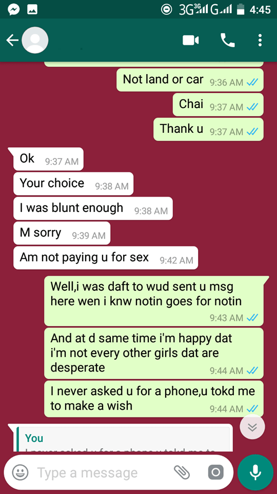 Nigerian lady shares chat she had with a friend who'd gift her a phone only if she had sex with him. (Screenshots)