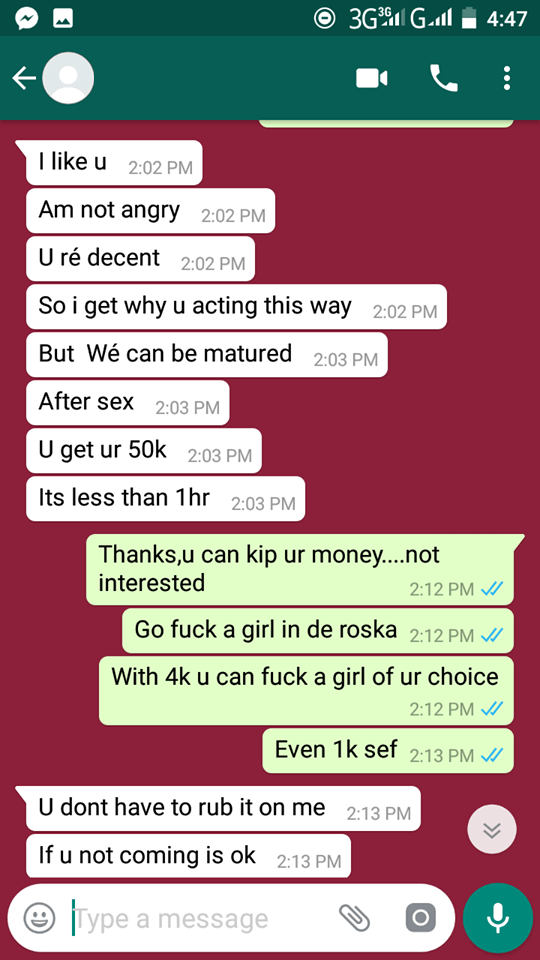 Nigerian lady shares chat she had with a friend who'd gift her a phone only if she had sex with him. (Screenshots)