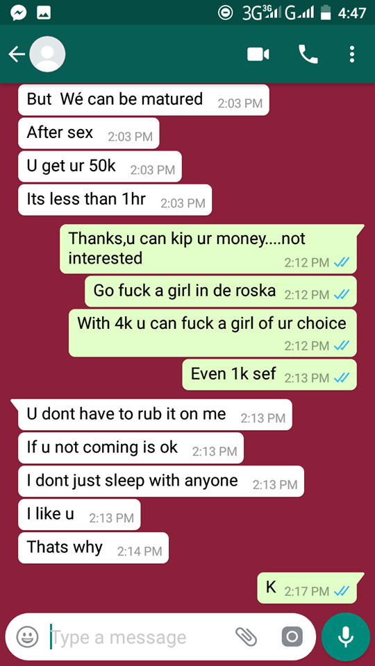 Nigerian lady shares chat she had with a friend who'd gift her a phone only if she had sex with him. (Screenshots)
