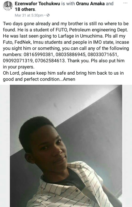 FUTO student goes missing 15 minutes after calling his mother (Photos)