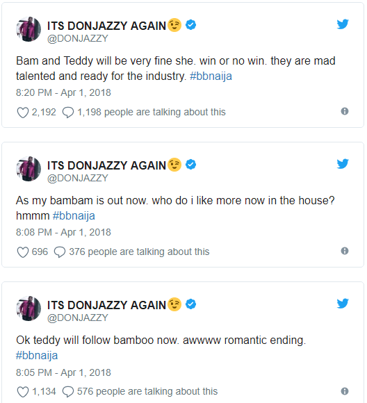 Don Jazzy reacts to Teddy A and BamBam's eviction.