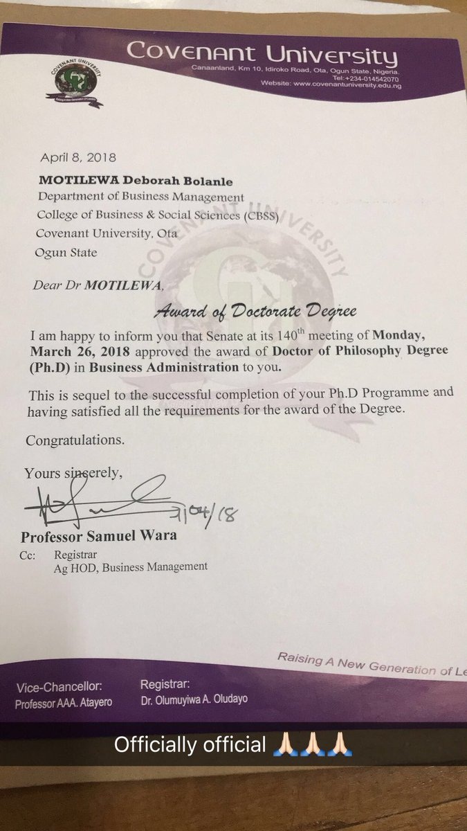 25 year old Nigerian Lady bags a PhD at Covenant University
