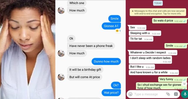 Nigerian lady shares chat she had with a friend who'd gift her a phone only if she had sex with him. (Screenshots)