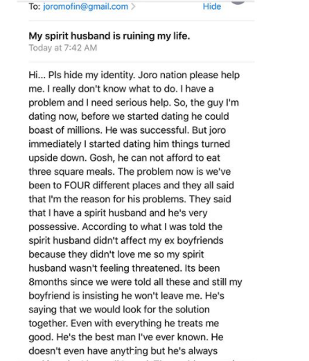 'My spirit husband is ruining my life' - Nigerian woman laments.