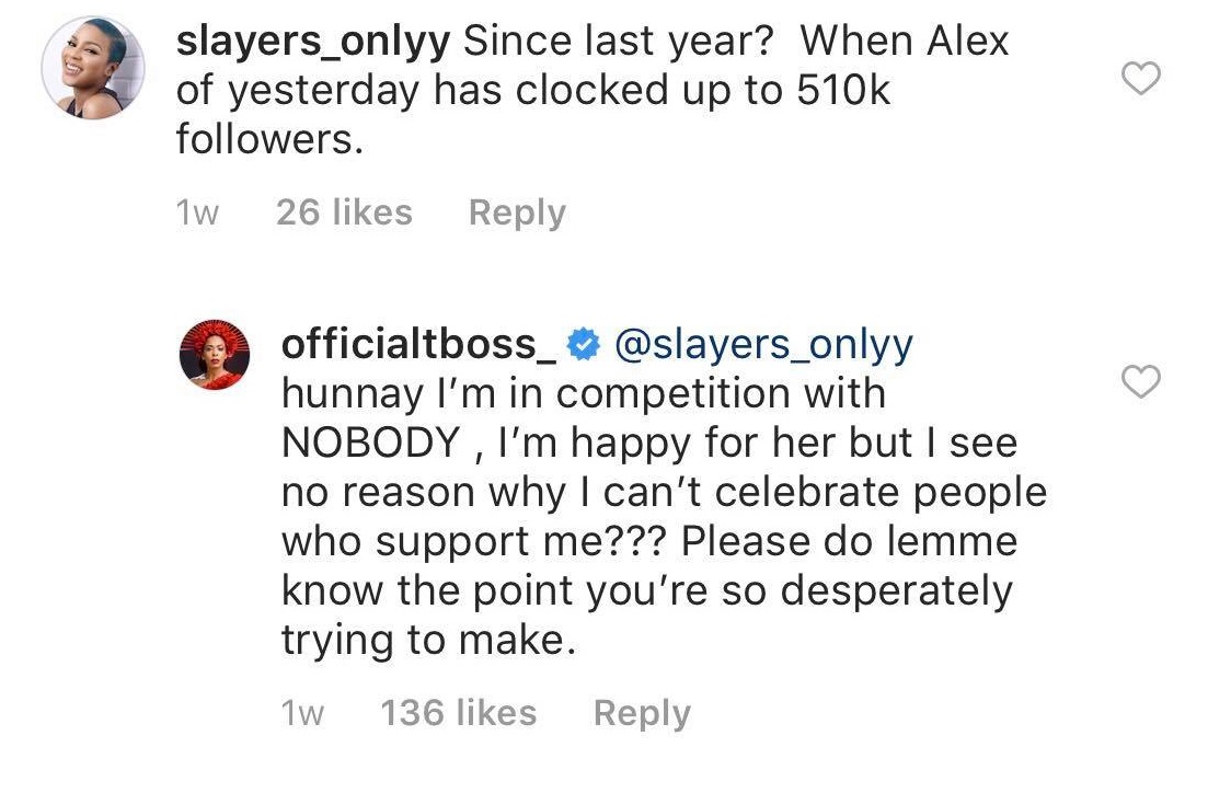 TBoss replies follower who said Alex has more followers than her on Instagram