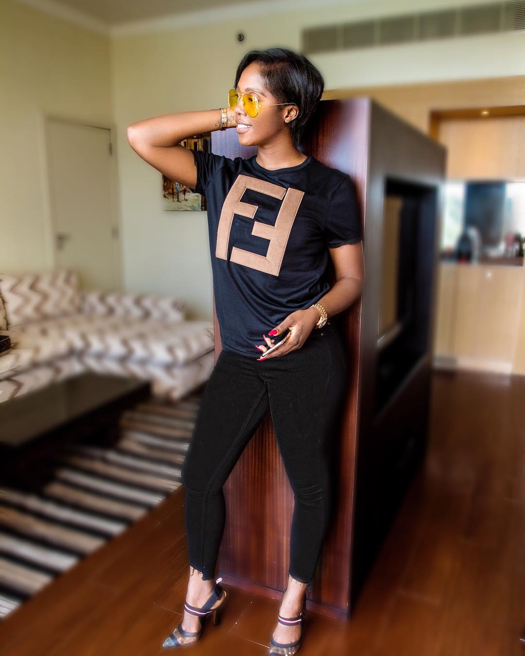 Tiwa Savage and Wizkid twin with N248k Fendi Tee shirt.