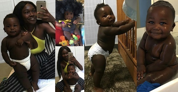 Young African mother celebrates her cute son with really beautiful black skin.