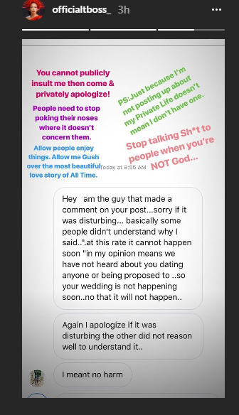 TBoss shames follower who slammed her publicly but begged her in private.