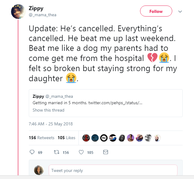 Lady cancels her upcoming wedding after her fiance b eat her to stupor.