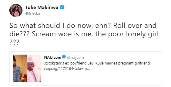 Toke Makinwa savagely reacts to news that her ex boyfriend, Seyi Kuye, just got married