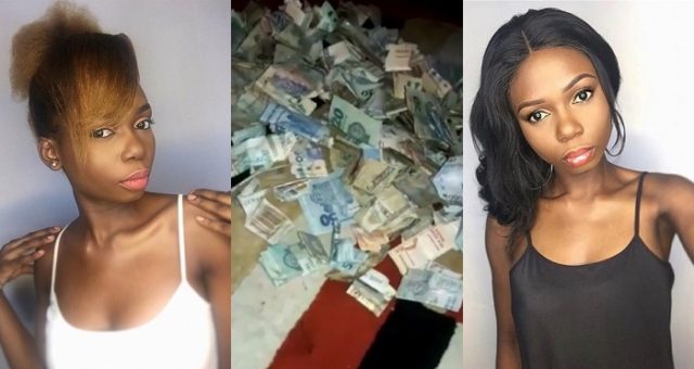 Young Nigerian hair seller shows off the money she made from her piggy bank after 10 months of saving.