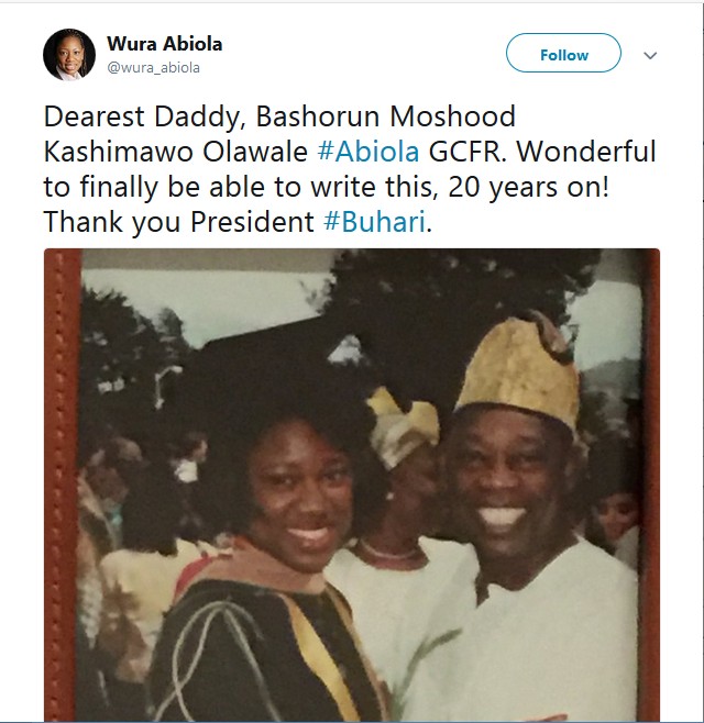 MKO Abiola's daughter, Hafsat reacts to President Buhari declaring June 12th democracy day