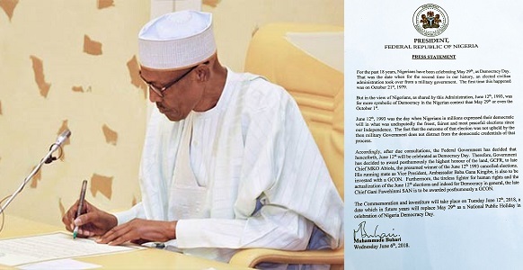 President Buhari officially changes Democracy Day to June 12 in honour of MKO Abiola, confers GCFR on Abiola.