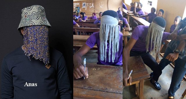 Anambra student who showed up for exams dressed as Anas Aremeyaw, Ghanaian masked journalist, chased out of class (photos)