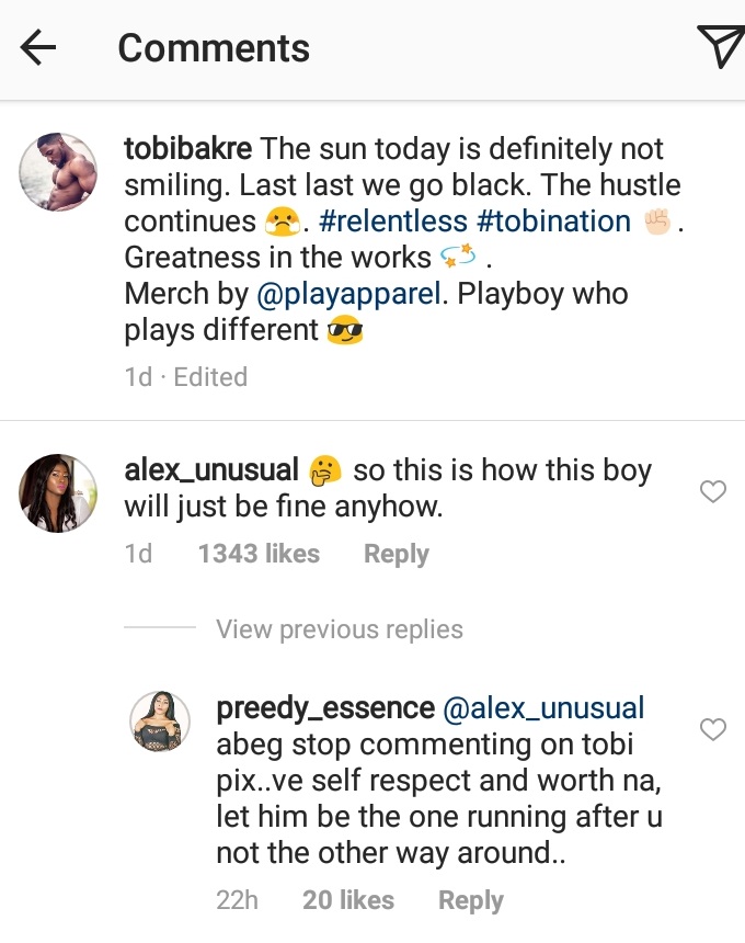 Stop Commenting on Tobi's Picture, Have self respect and worth - Fan advises Alex