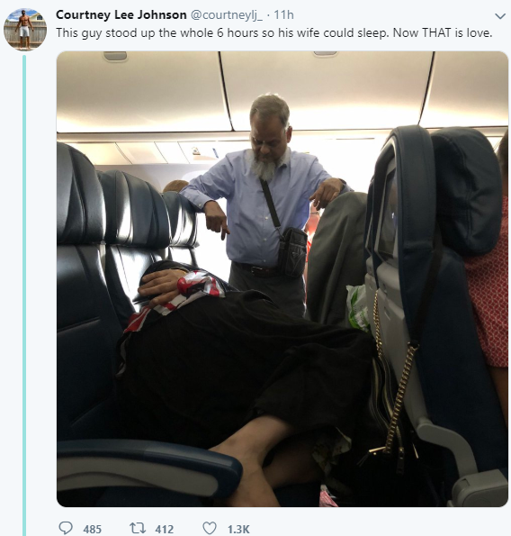 Man stands for 6 hours on flight so his wife can sleep