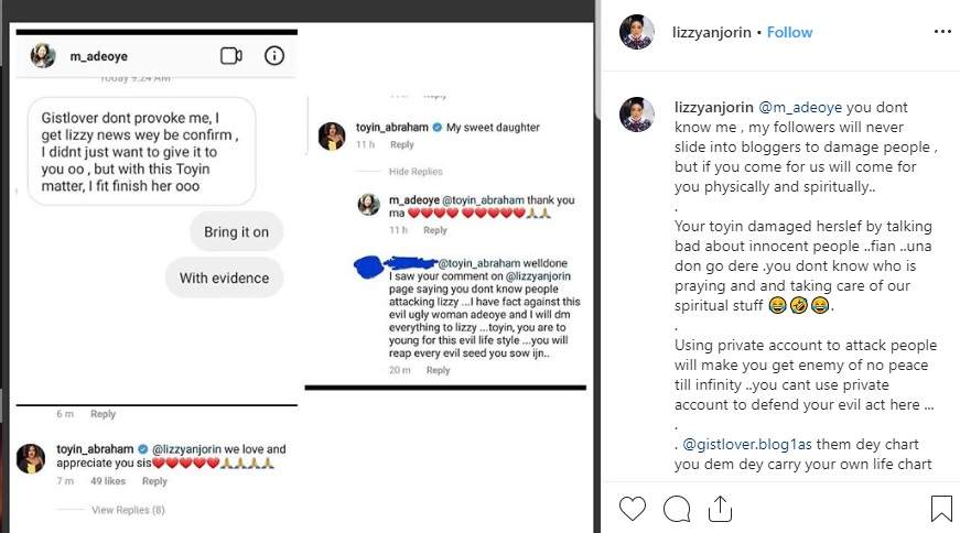 Actress Lizzy Anjorin accuses Toyin Abraham of opening fake accounts to attack her colleagues.