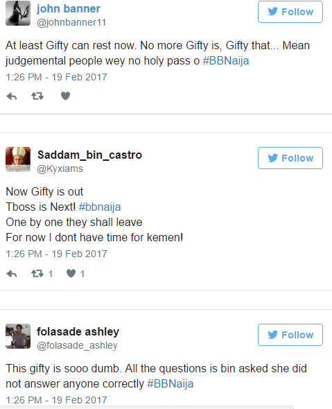 #BBNaija: Nigerians React To Gifty's Eviction