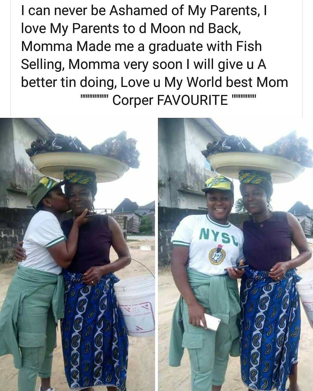 NYSC corper shares photo of her Mom who sold fish to finance her Education