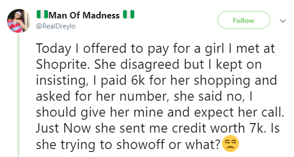 Nigerian man pays 6k for shopping items of a random girl he was interested, see how she returned his favor