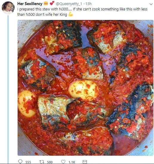 'I prepared this stew with N300' - Woman advises men not to marry women who can't be like her