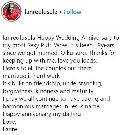 Popular Life Coach, Lanre Olusola & his beautiful wife celebrate 19th wedding Anniversary (Photos)