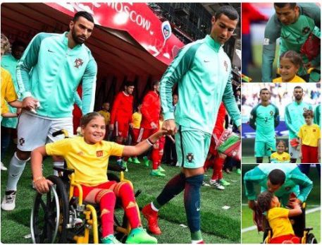Cristiano Ronaldo Wins Hearts Of Fans Again As He Walks With Disabled Girl Into Football Pitch ( Photos )