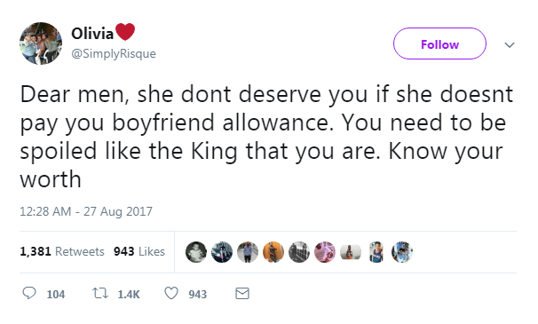 'She Doesn't Deserve You If She Doesn't Pay You Allowance' - Female Twitter User