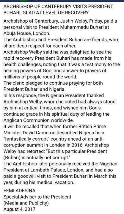 Archbishop Of Canterbury Visits Buhari In London [Photo]