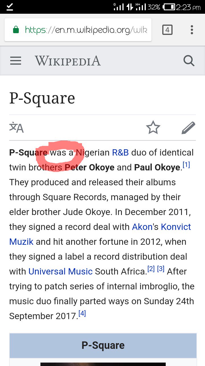 P-Square Saga!!! Wikipedia Updates P'Square Status, Highlights On Their Fight & Split (See HERE)